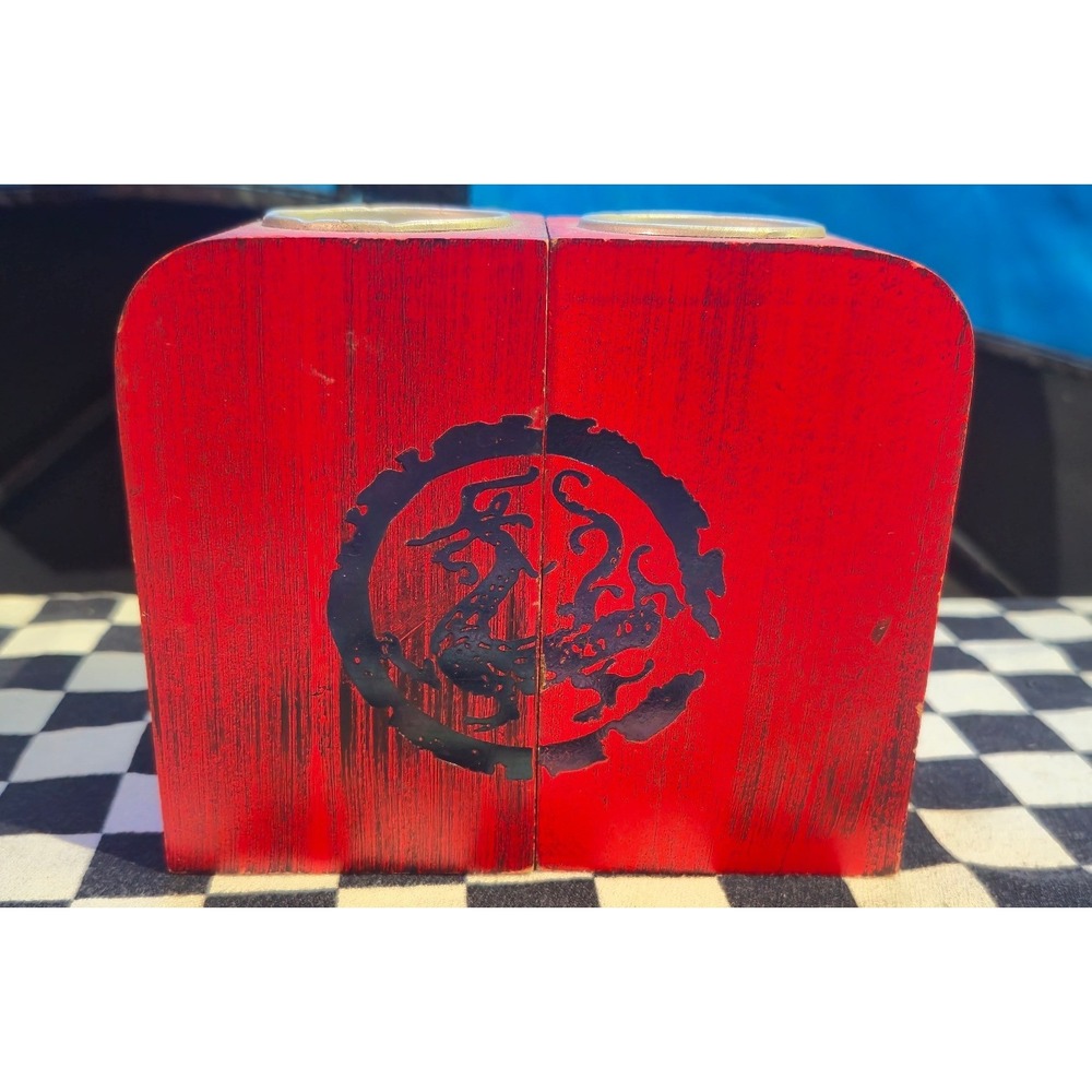 Red Distressed Wood Dragon Tea Light Candle Holder Set Asian Decor 2 Piece